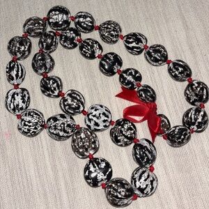 Black and White Beaded Necklace with Red Accents from Hawaii Kukui Nut
